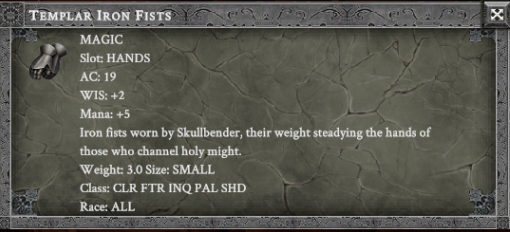 TEMPLAR IRON FISTS in-game item card